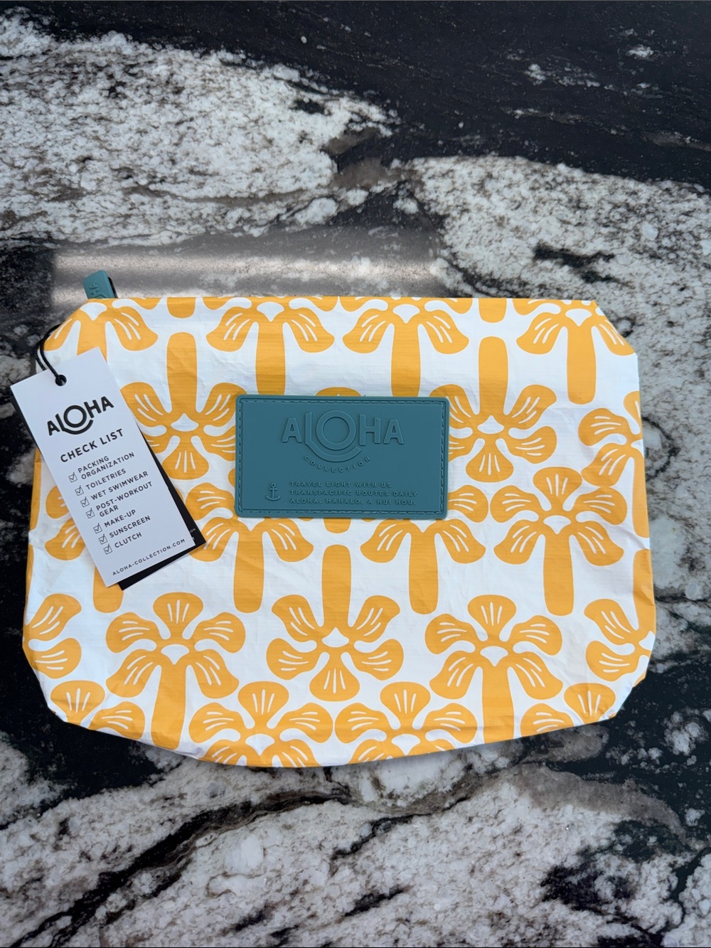 ALOHA Collection Small Yellow Floral Cosmetic Pouch with Teal Patch